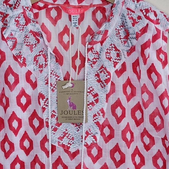 NWT Joules | Red & White Ikat Print Tank Top with Silver Embroidery Size 4 - Picture 2 of 7
